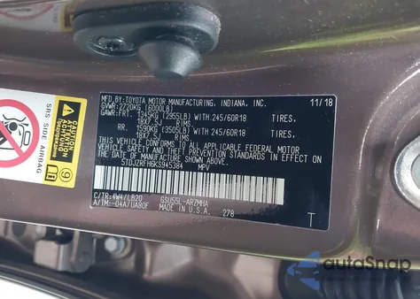 2019 Toyota Highlander Xle из США, поврежденный, VIN 5TDJZRFH6KS945384